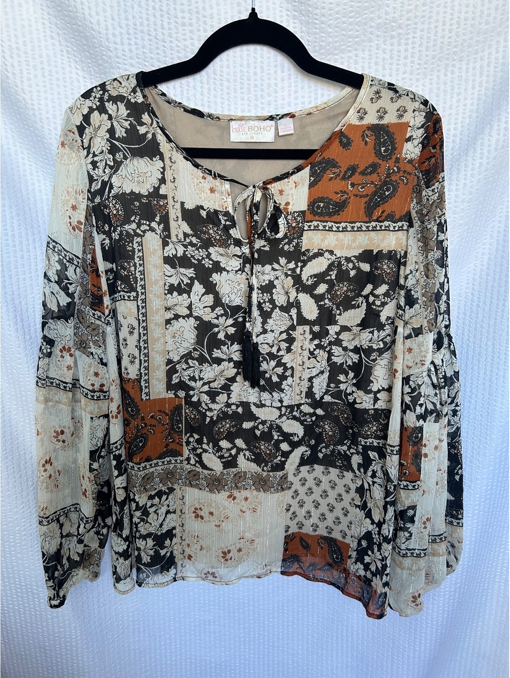 Belle Boho by Kim Gravel Boho Patchwork Floral Print Tassel Tie Blouse Size L